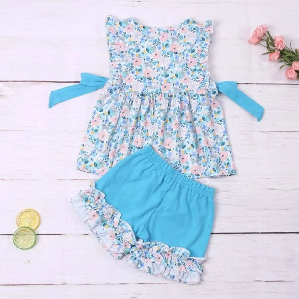 Boutique Floral Kitty Cat Tunic & Shorts Girls Outfit Set